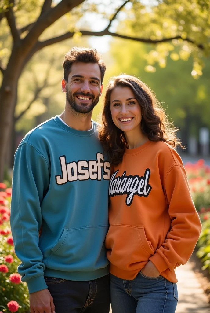 Take a photo of a man with a woman wearing a sweatshirt and on the man's sweatshirt I have the name Josefs and on the woman's sweatshirt I have the name Mariangel in animation mode. I can give you a photo so you can improve it.?