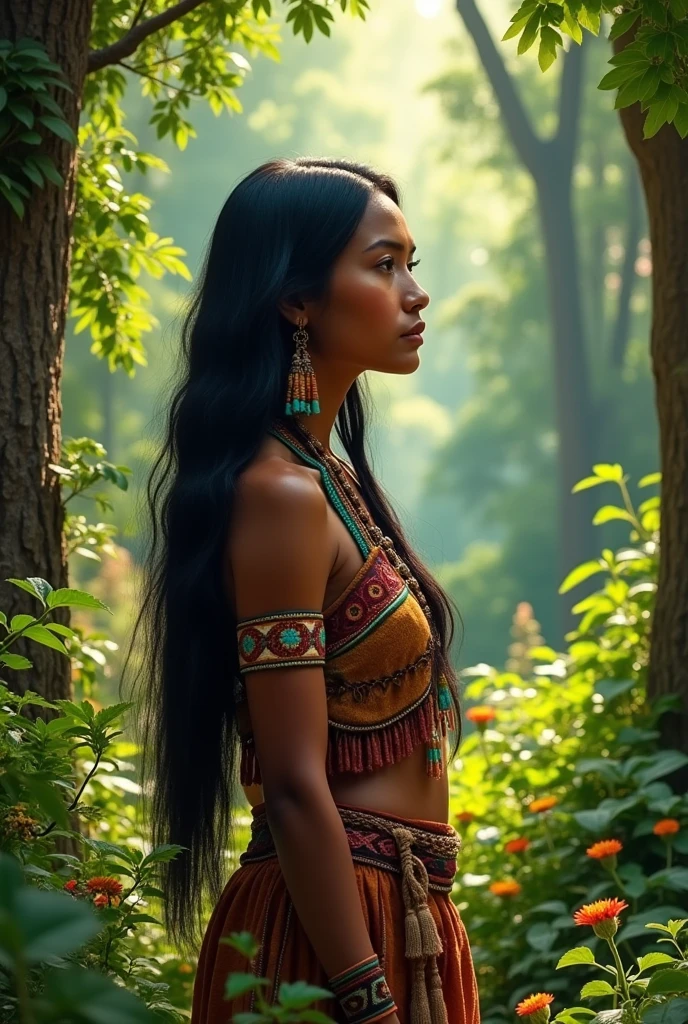 The indigenous woman who is in a forest area 

