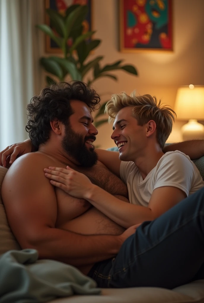 gay sex between a chubby guy and a skinny guy, the chubby one is eating the skinny one sideways