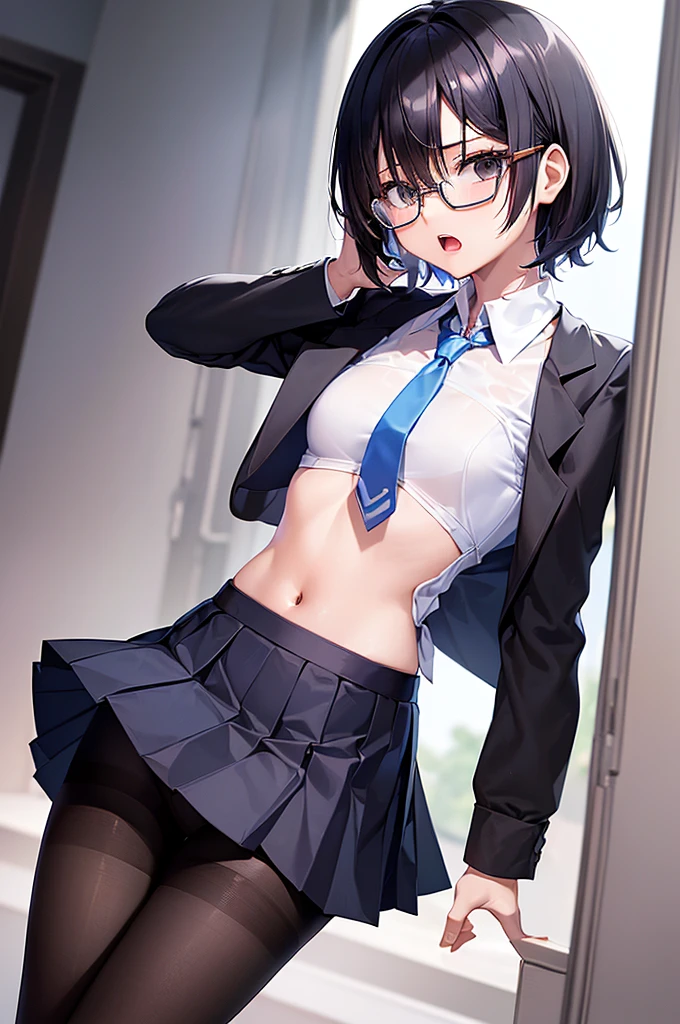 masterpiece, best quality,anime style, 1 girl,(((slender body))), (((small eyes))),(((white shirt,pleated skirt,blue tie,black pantyhose,bra,glasses))),(((scream))), (beautiful face), (((short hair))), (((straight hair))), ((((black hair)))),detailed beautiful skin, (perfect hands, perfect anatomy)