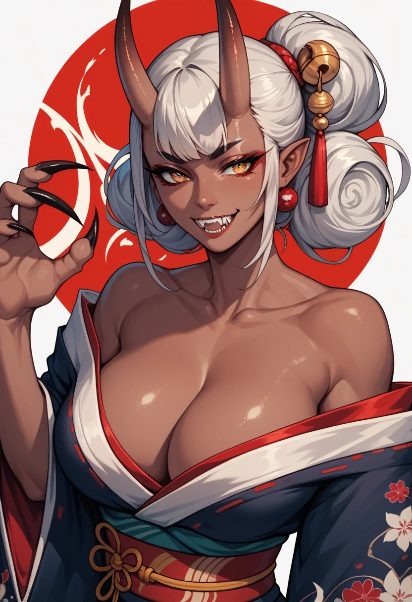 1girl, solo, oni girl, japanese kimono, large breasts, Black oiran's kimono, bare shoulders, Cleavage, Demon Horns, Long, sharp claws, tooth, dark skin,