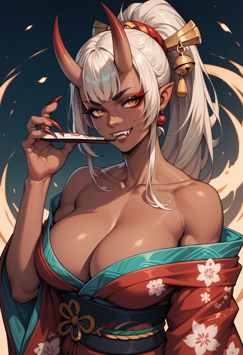 1girl, solo, oni girl, japanese kimono, large breasts, Black oiran's kimono, bare shoulders, Cleavage, Demon Horns, Long, sharp claws, tooth, dark skin,