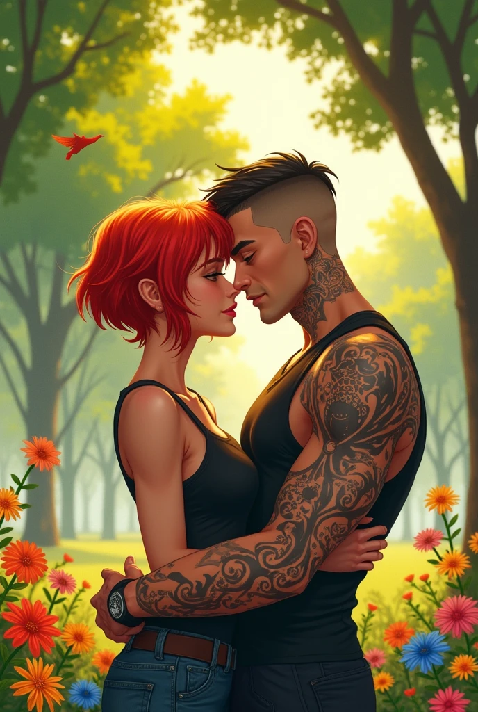 one with short red hair and one with a tattoo on his right arm with short hair and lights hugging in a park