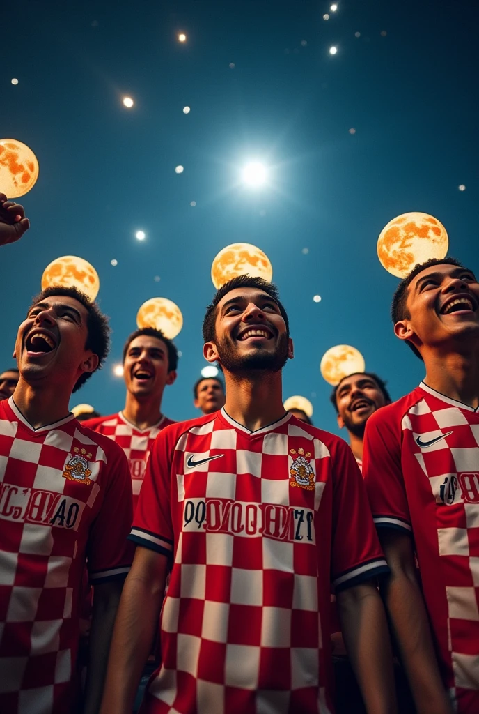 Create a football fan club with a red and white checkered uniform. Insert the name &#39;PAVILHÃO FC 09 FC&#39; on the front of the uniform. The fans&#39; heads are of the Moon. Insert a Moon and Stars Background.