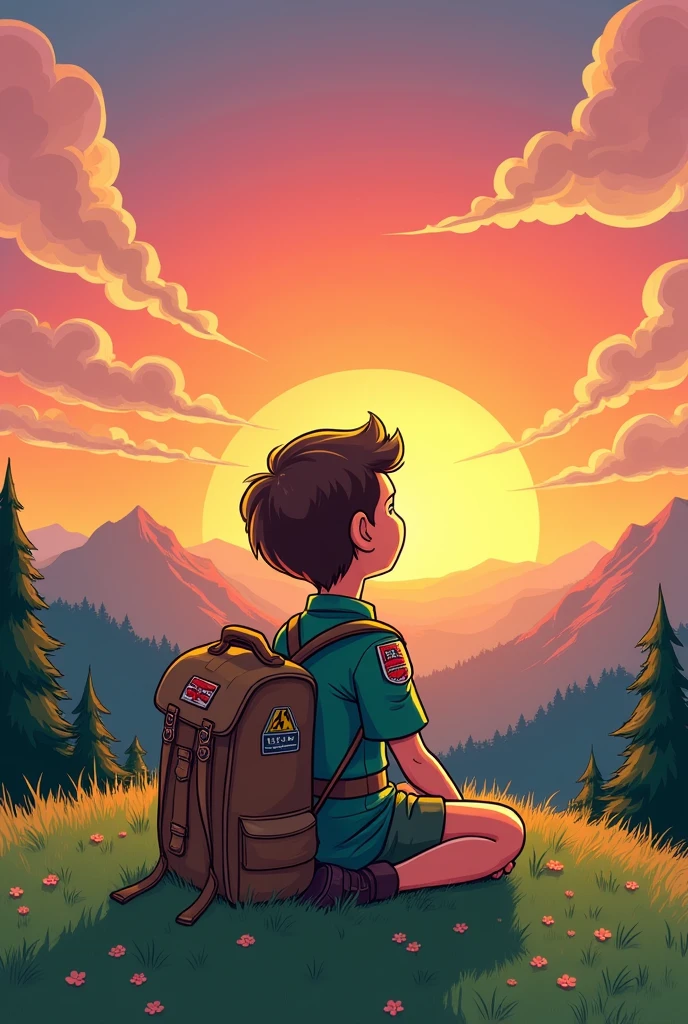 crie uma charge, a simple 2d cartoon-style drawing, of a scout watching the sunset from a hill, it has to be in comic strip style