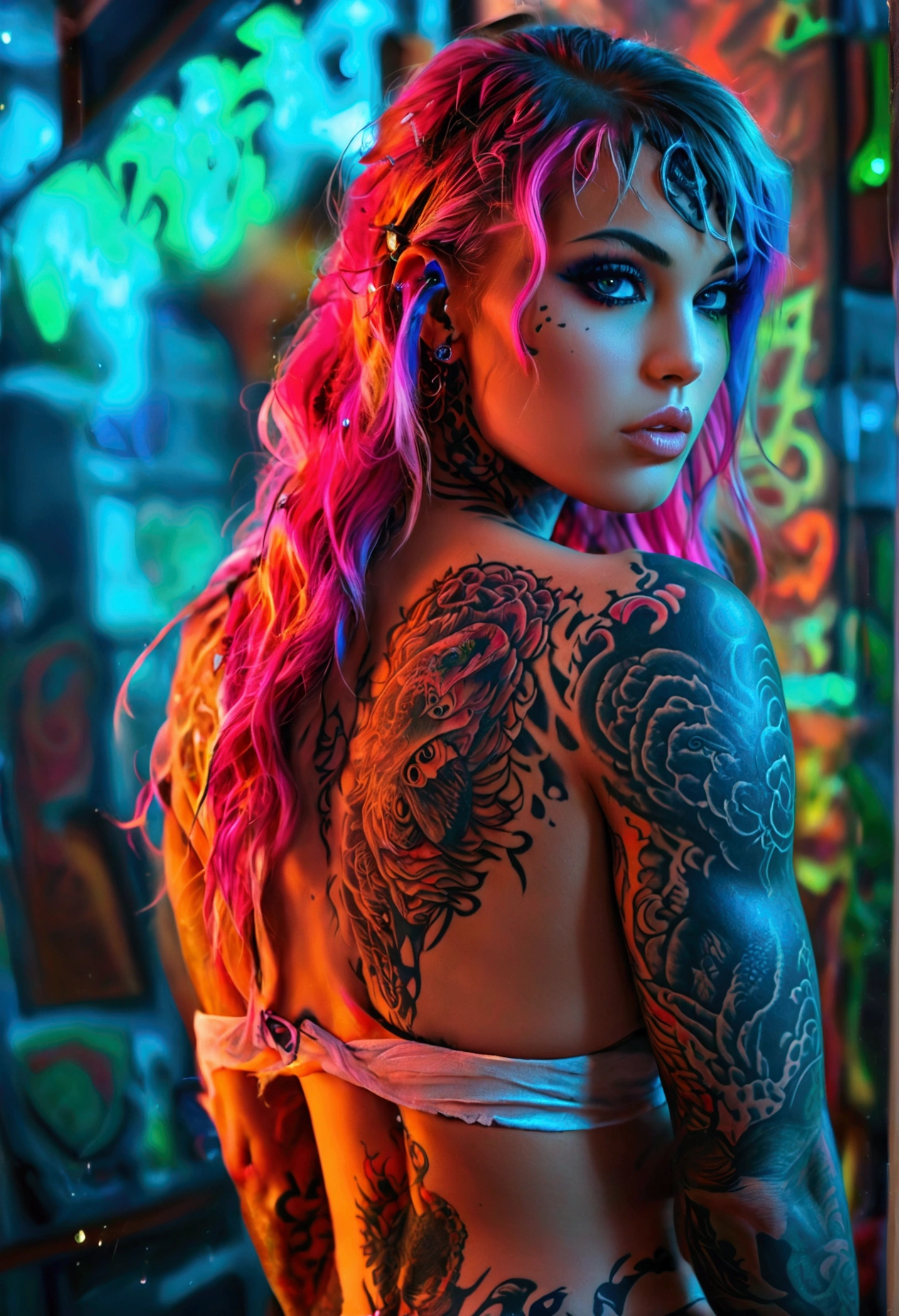 Create a hyper detailed photograph of a tattooed muscular young sexy kaiju , Stunningly perfect gorgeous feminine face, perfect makeup, detailed vibrant eyes, long hair, big beautiful muscular legs, big beautiful muscular arms, big back muscles, perfect body, muscular abs, detailed silky smooth skin, large natural breast, big round ass, nude, thong, neon sapphire tattoos,