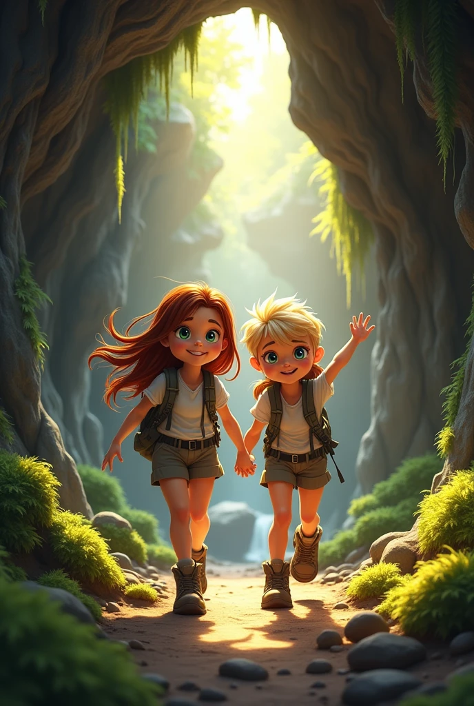Two girls rising from a cave 