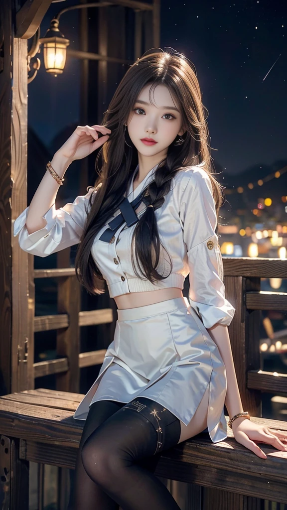 ulzzang-6500-v1.1, (RAW photo: 1.2), (Real photo), (Real photo: 1.4), 1 girl、Perfect anatomy、19 years old、Looking at the camera、Medium length hair、side braid, short white uniform skirt, holding a white jade bracelet next to the flickering candles at night, under the starry night sky, ((starry night: 1.1))、(Hyperrealistic tights: 1.2), (Business service)、Asian eyes Ella,