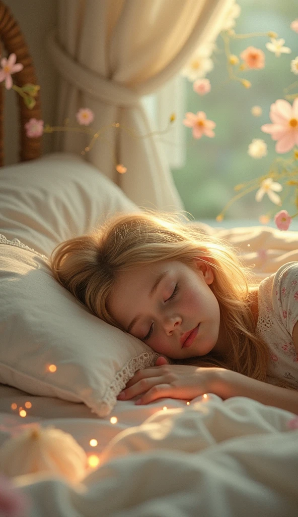 Create a serene and dreamy scene featuring a beautiful young girl with golden blonde hair, peacefully sleeping on a soft bed. Her hair cascades gently over the pillow, and she is surrounded by a calm, tranquil atmosphere. The girl appears to be dreaming, with subtle hints of her dream world visible in the background, such as soft glowing lights, gentle swirls of color, or faint images that suggest a fantasy or magical landscape. The overall mood should be peaceful, ethereal, and filled with a sense of wonder and tranquility.