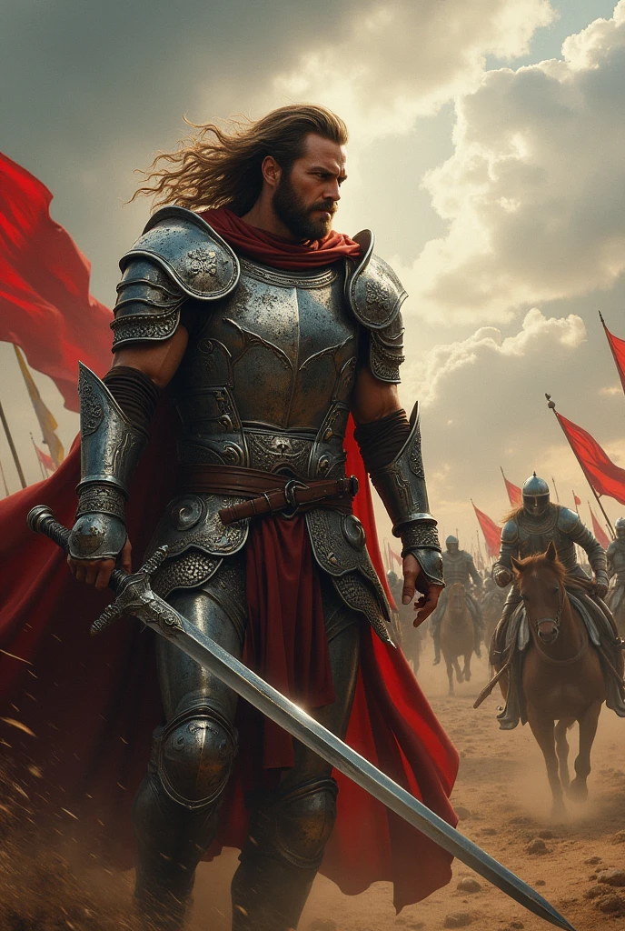 Warrior in armor and sword at war