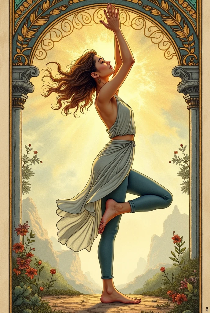 "A young woman practicing yoga, viewed from the side. Her right leg is bent with the knee aligned with the ankle. Her torso is inclined forward, and both hands are firmly placed on the ground. Her left leg is stretched back, with the toes of her left foot touching the ground. The side view clearly shows the alignment and posture of her body. The image is in the style of Tarot de Marseille cards, with intricate details and a mystical, ancient atmosphere."