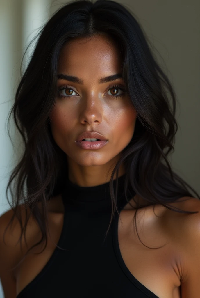 A slightly dark skinned woman with sharp features with dark straight shoulder length hair and lilac brown eyes with a tall and muscular build.