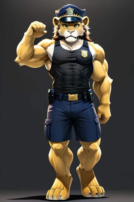 Lion, yellow eyes, muscular, Police cap, black sleeveless shirt, shorts negros
