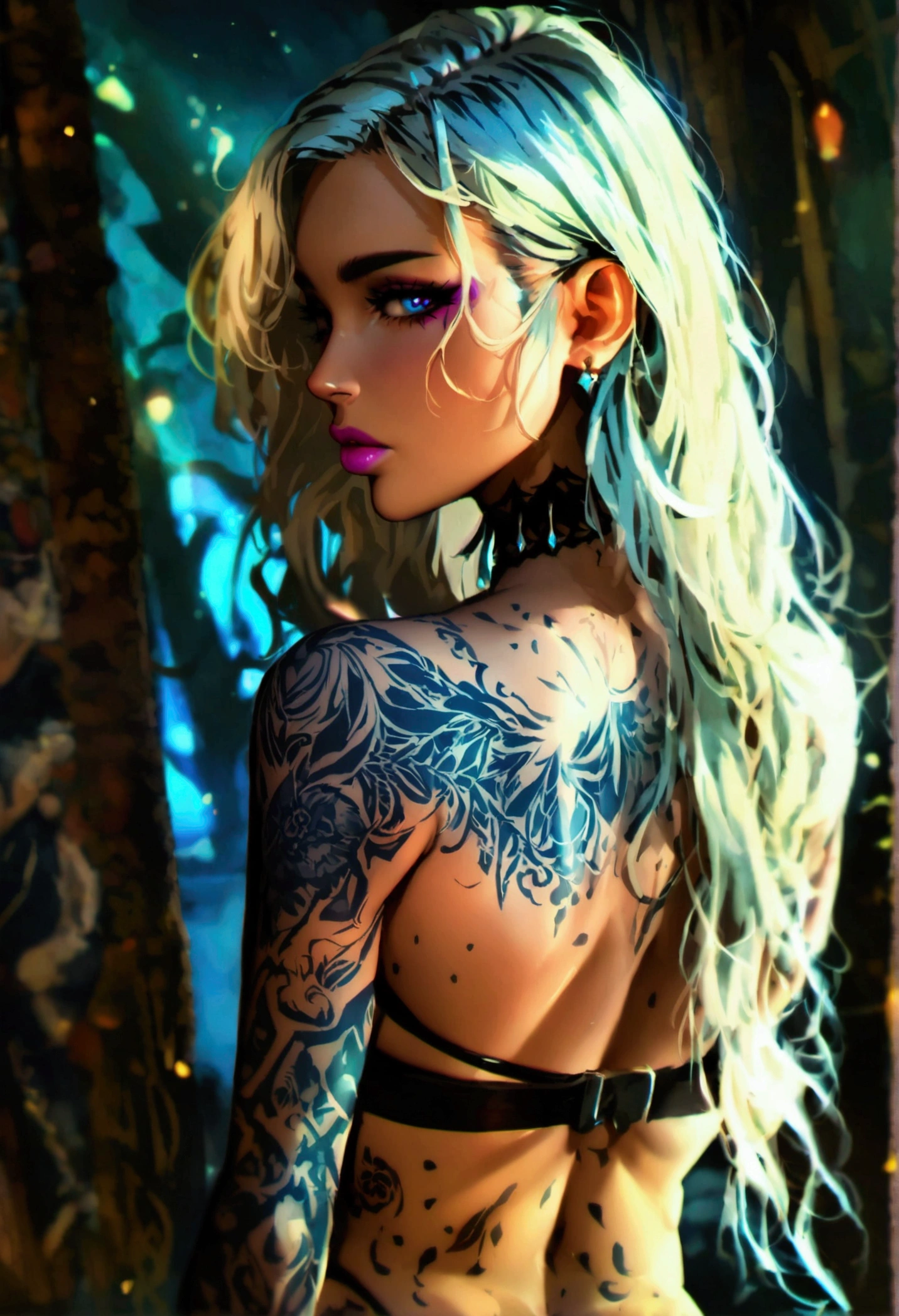 Create a hyper detailed photograph of a tattooed young sexy female deathknight, Stunningly perfect gorgeous feminine face, perfect makeup, detailed vibrant neon sapphire eyes, long hair, back, perfect body, detailed silky smooth skin, large natural breast, big round ass, nude, thong