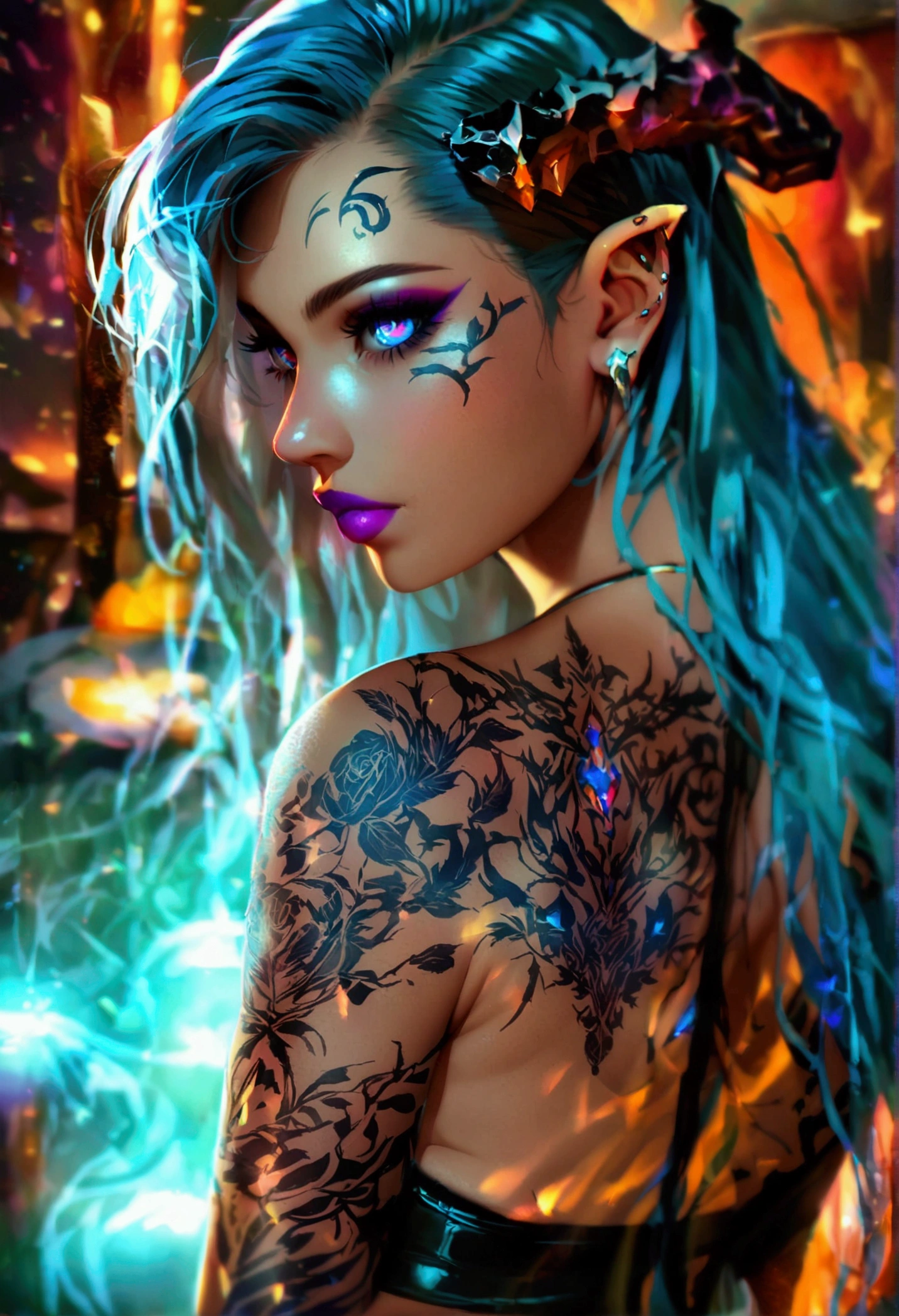 Create a hyper detailed photograph of a tattooed young sexy female deathknight, Stunningly perfect gorgeous feminine face, perfect makeup, detailed vibrant neon sapphire eyes, long hair, back, perfect body, detailed silky smooth skin, large natural breast, big round ass, nude, thong