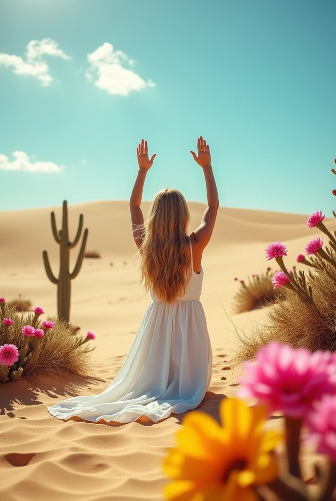 Woman on her knees worshipping in the desert with flowering captus