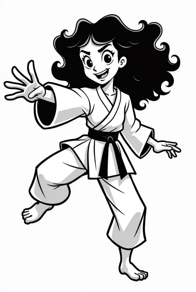 drawing of mulan with curly hair, in a karate fighter outfit giving a kick in a cartoon style
