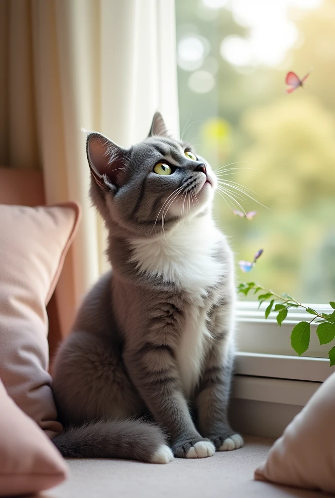 Generate me an image of a cute gray cat with a white chest and light green eyes