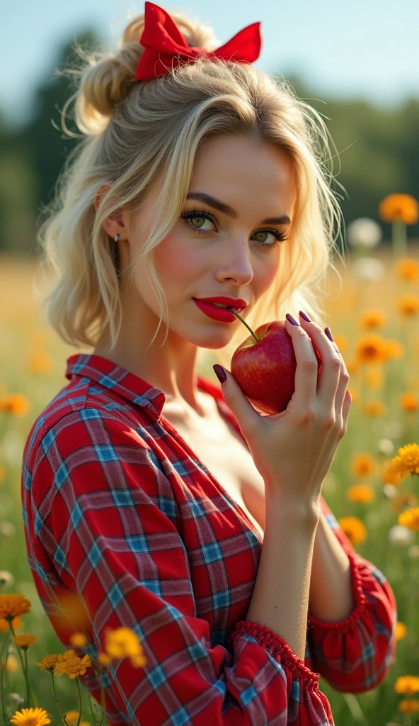 Full body of a beautiful woman with bright blonde medium hair in a red ribbon bun, in a modern pin-up style, sensuously nibbling on a half red apple. She has a big smile, striking black eyes with long lashes, and bold red lipstick. Her skin is lightly tanned and has a healthy glow. She is standing in a beautiful summer meadow of wildflowers wearing a stylish red and blue checked blouse,The scene captures the perfect details of her face and hands, The atmosphere is lively and vibrant, no text,
 Photorealism like a painting 
 Vivid, fresh colors
 Style: Greg Rutkowski, Anna Dittmann+Daniela Uhlig+Tatiana Suarez+Craola 





