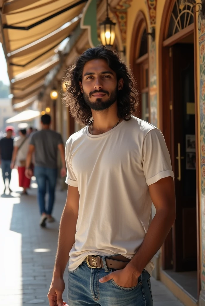 full body shot, standing outside a street or café in the middle east, cute, male model, Arab or Pakistani male, 20-25 years old long curly hair, short beard, brown eyes, (skin texture),