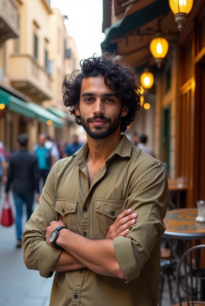 full body shot, standing outside a street or café in the middle east, cute, male model, Arab or Pakistani male, 20-25 years old long curly hair, short beard, brown eyes, (skin texture), 