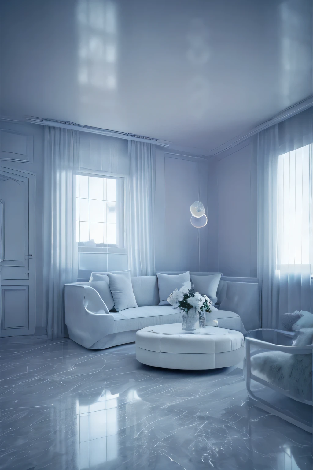 a white dreamy house, piano room, retro, foggy, soft focus, year of 1995, cool lighting, muted pastel colors, glowing atmosphere, dramatic shadows, cinematic composition, dream-like quality, ethereal, romantic, soft focus photography, dark blue hour, midnight, windy, white marble, peony flower