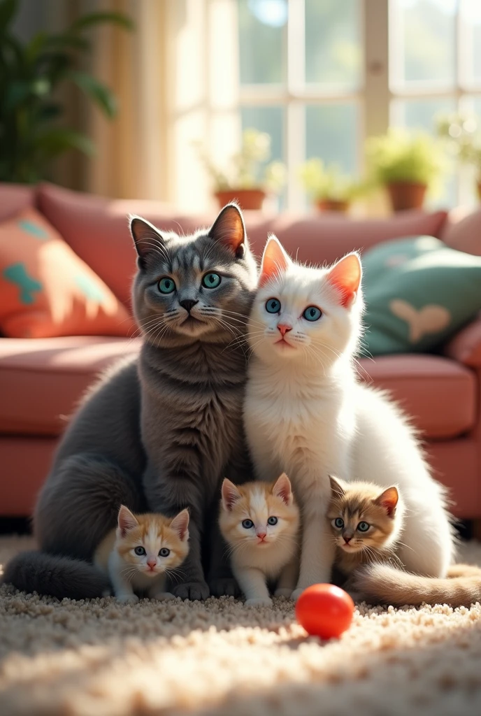 The gray blue-eyed cat and the green-eyed cat have a happy family with 3 children, show the couple and the children show the white cat with green eyes, the gray cat with blue eyes and the  children 