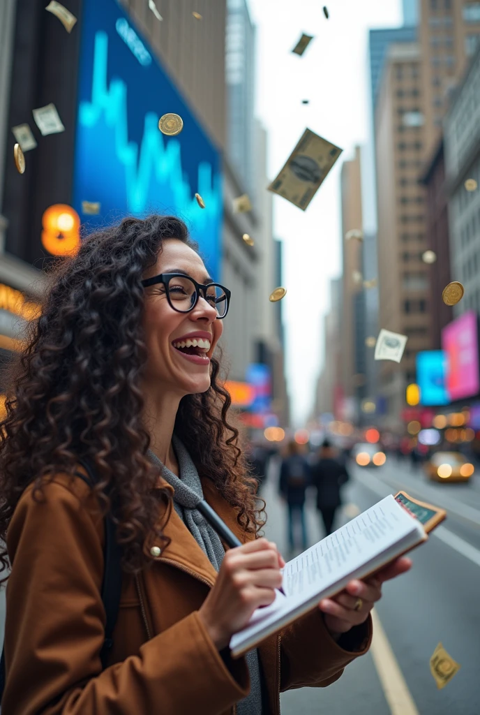 A happy and smiling woman, long dark curly hair with glasses, writing down in a notepad, in front of the donw jones stock exchange, many money notes falling from the sky and golden coins on the ground, rising stock market indices being shown TB, in the background a long road with a sign saying creating wealth takes time, constancy and learning.
