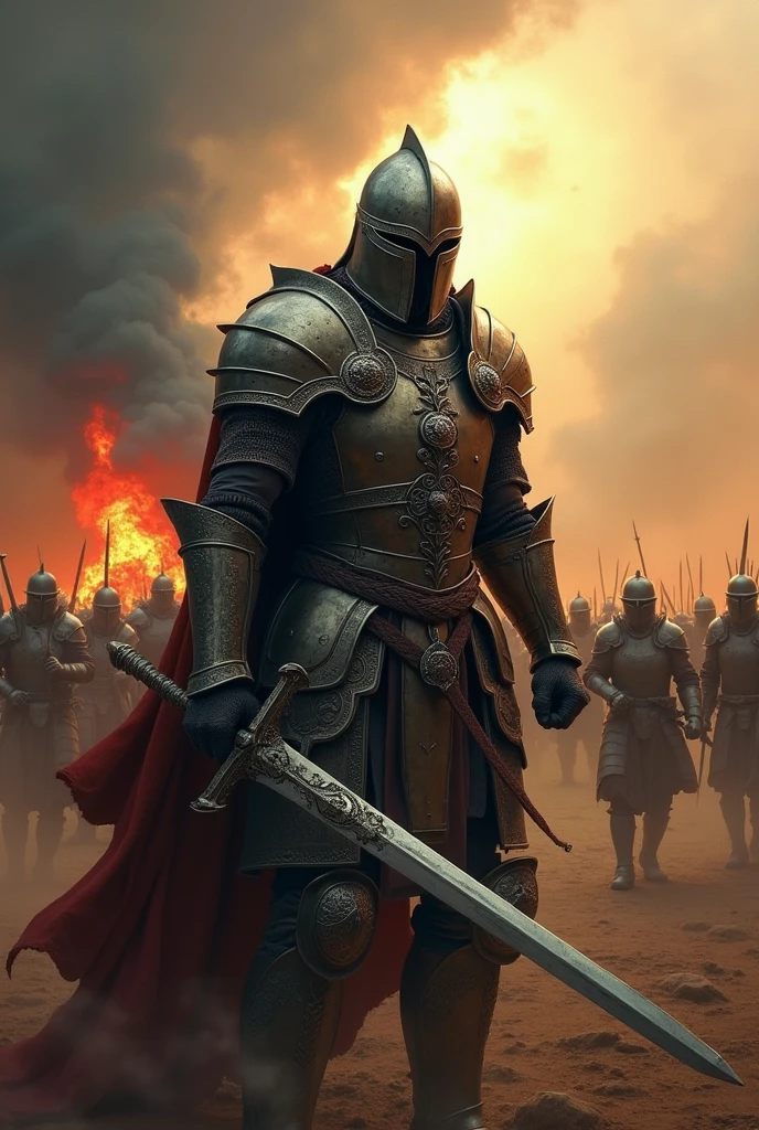 Warrior in armor and sword at war
