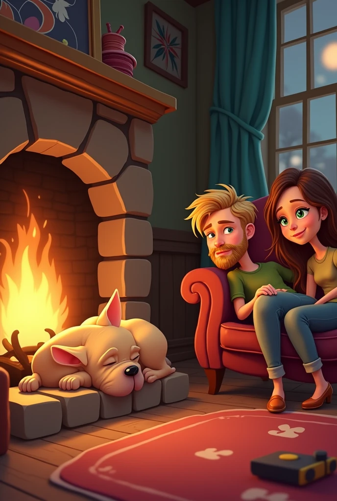 (photorealism:1.2),Create a cartoon illustration of my pet with a 2D animation style. He's taking a nap in his favorite spot by the fire. It is a fawn French bulldog breed dog, you can do it next to a fireplace with its owner, a man with blonde hair, green eyes with a full beard on his face, you can add a woman with brown hair, brown eyes.