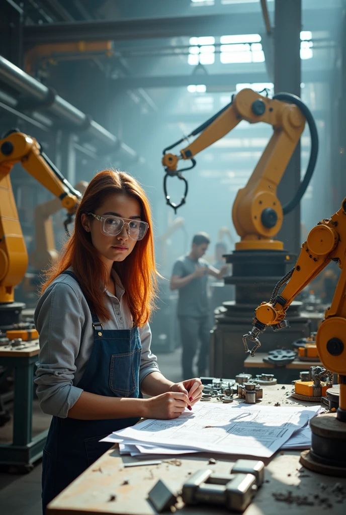 CREATE A MECHANICAL ENGINEERING IMAGE WITH BUILDING MACHINES AND A WOMAN


