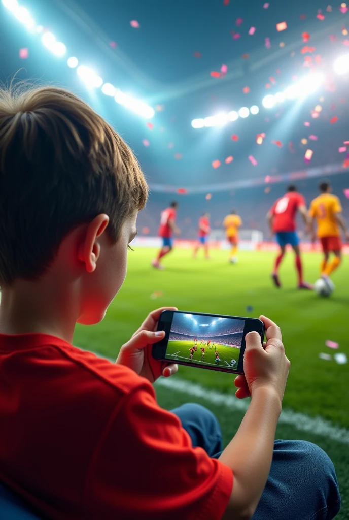 (top 5 games) The text shows a football field erupting and a boy playing games on a mobile phone