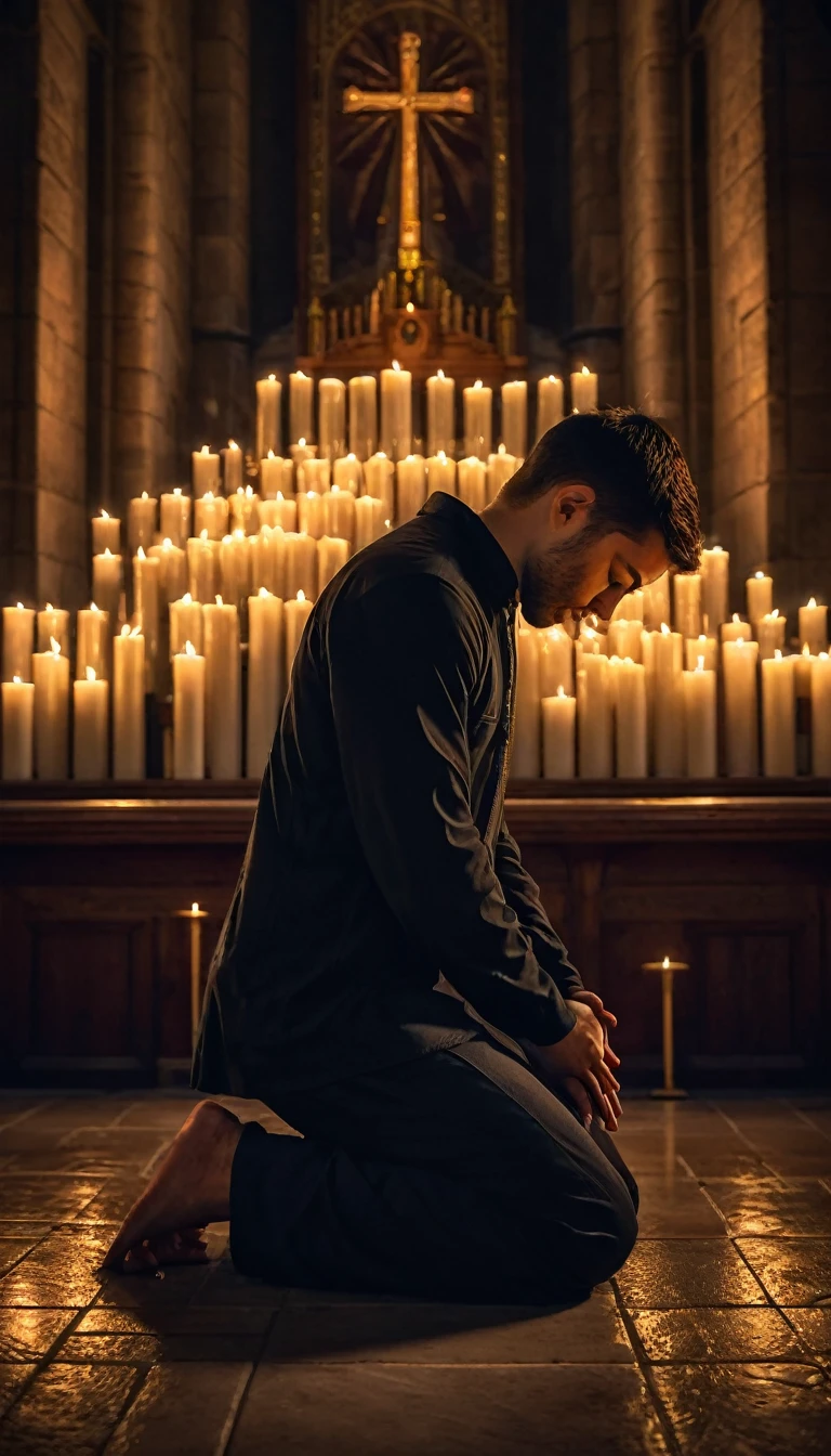 an ultra realistic image of a person with their eyes closed and kneeling as they pray, the setting is a church and as it is night there are some candles lit