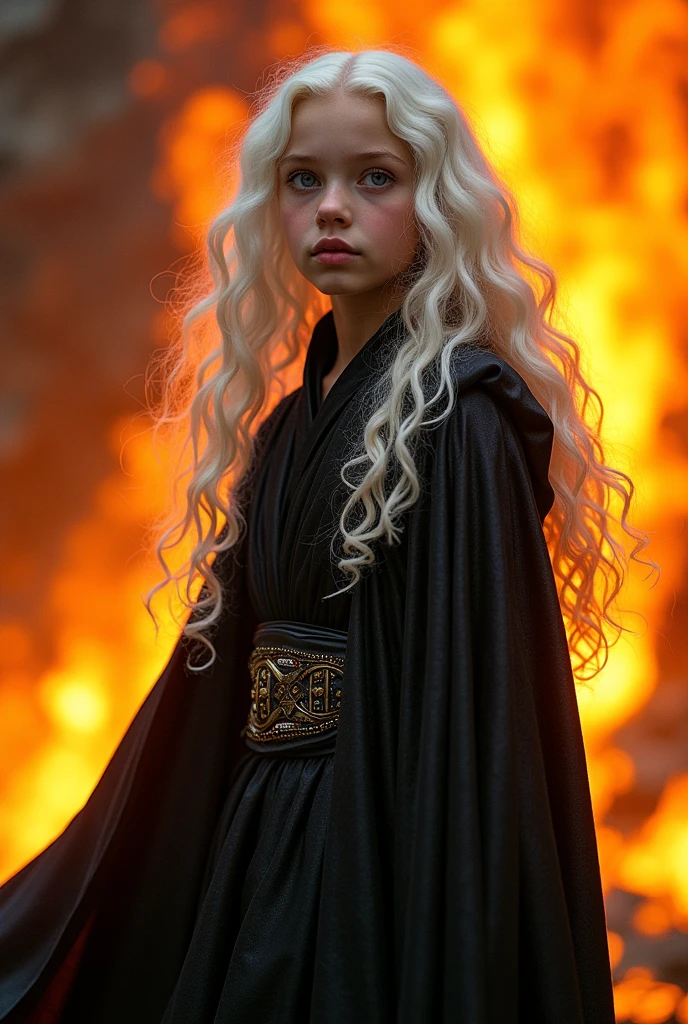 (photorealism:1.2), young girl, black Sith robs, standing Infront of a burning building , relaxed pose, realistic, intricate details, warm colors, by Greg Rutkowski, by Alphonse Mucha, long White curly hair, silver eyes