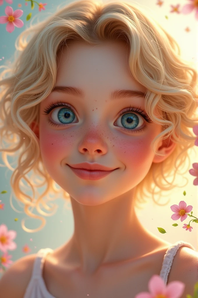 young woman , diamond shaped face, upturned nose, caucasiana, with freckles , blue eyes short blonde curly hair