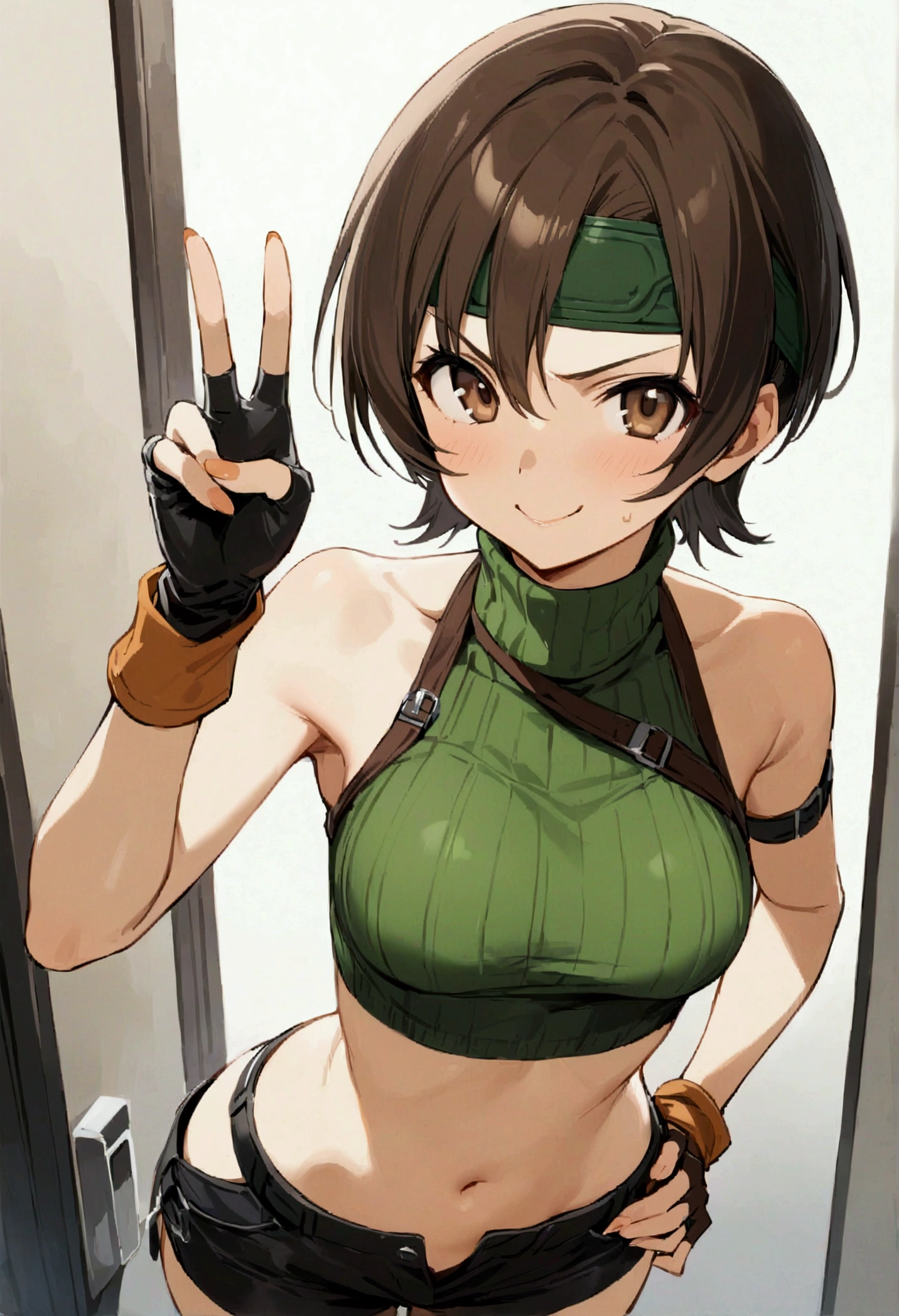score_9, score_8_up, score_7_up,BREAK best quality,high quality,masterpiece,aesthetic,very aesthetic, soro,1girl,yuffie kisaragi,, final fantasy,short hair,headband,navel,sleeveless,turtleneck
brown eyes,
sleeveless turtleneck,gloves,crop top,brown hair,shorts,midriff,sweater,open fly,fingerless gloves,ribbed sweater,looking at viewer,smug,v-shaped eyebrows,wide eyes,v,hand on hip,
