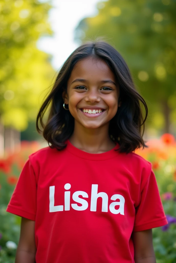 1 girl, chocolate skin colour, black medium hair size,red t-shirt written Lisha on it,