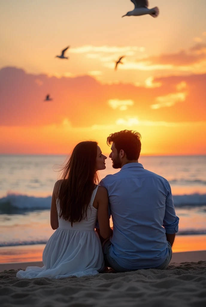 Here's an image of a couple sitting looking at the beach during a beautiful sunset.