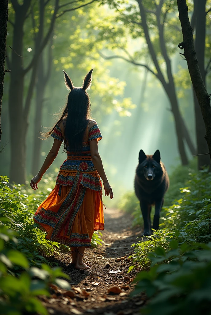 An indigenous woman dancing in the forest to a black wolf making the previous image touch a black wolf