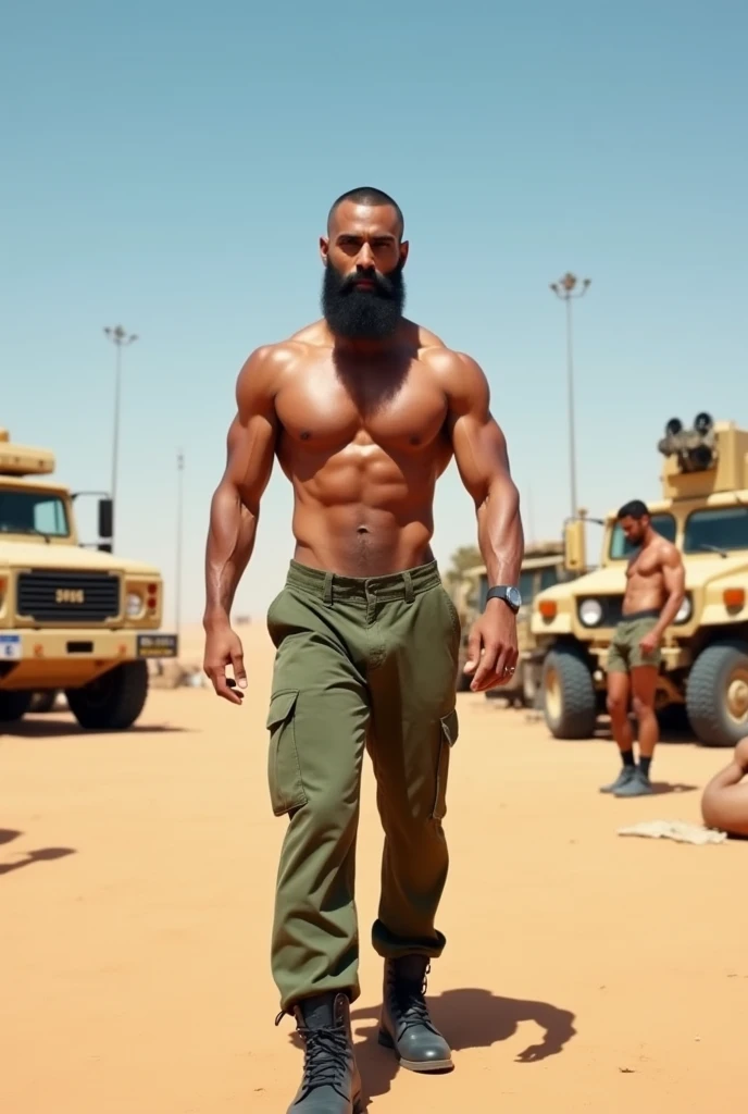 A fit, handsome  arab man with buzz cut fade and dark full beard with 6 pack abs 3d shoulder big arms forearms with trapes big nice chest he is wearing army green pants with black army boots His upper body is naked His skin He was standing in the desert and behind him were equipment from a bodybuilding training course in the desert and some military cars is wheatish-white and Behind him, some people like him are training