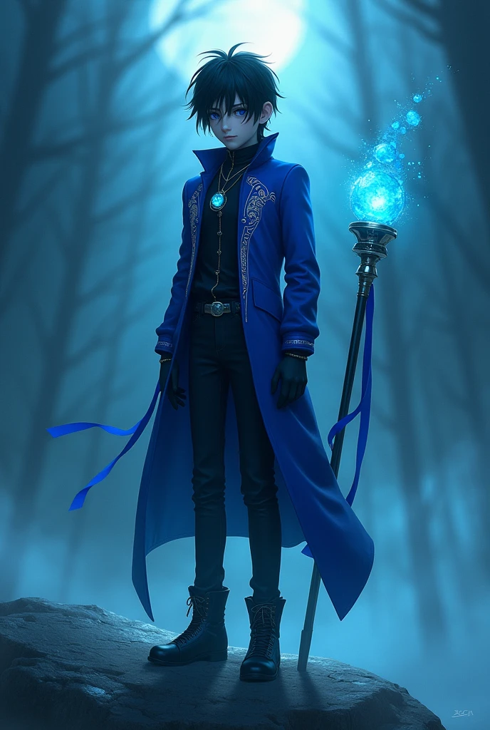 General appearance: Zero is the youngest of the group, with a slender build and a youthful face, but his gaze reflects a deep sadness. He has black hair, seeds, and a little messy, that falls casually on his forehead.
outfit: He wears a royal blue jacket that contrasts with his simple black pants and boots of the same color.. The jacket is adorned with silver details that reflect the moonlight., giving it an ethereal glow. He always carries his Azure Glowstone Staff with him., which emits a soft, bluish light.
Distinctive Details: His presence is calm and almost ghostly.. His face is marked by a deep melancholy, And their eyes, although young, They seem to carry the weight of many lives. His talisman always hangs on his chest, glowing with a faint glow.