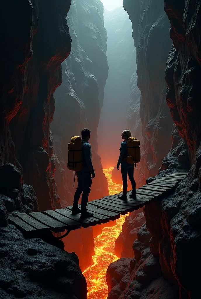 A dark cave with a huge cliff and in the background a river of lava and a long wooden bridge connecting the exit of the cave and the other part of the cave. And there are also two scientists, a young man and a woman with loose hair, about to cross the bridge.. And everyone has special clothing for dangerous expeditions
