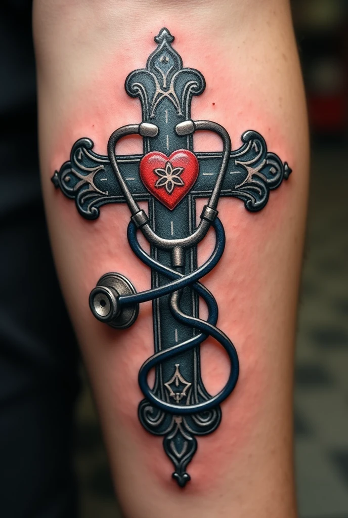 Cross tattoo with stethoscope