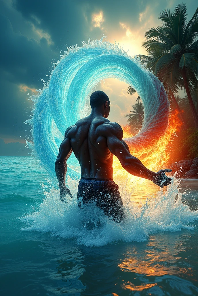 Black man water bending in the caribbean. Creating several water tornadoes. Fighting fire monster