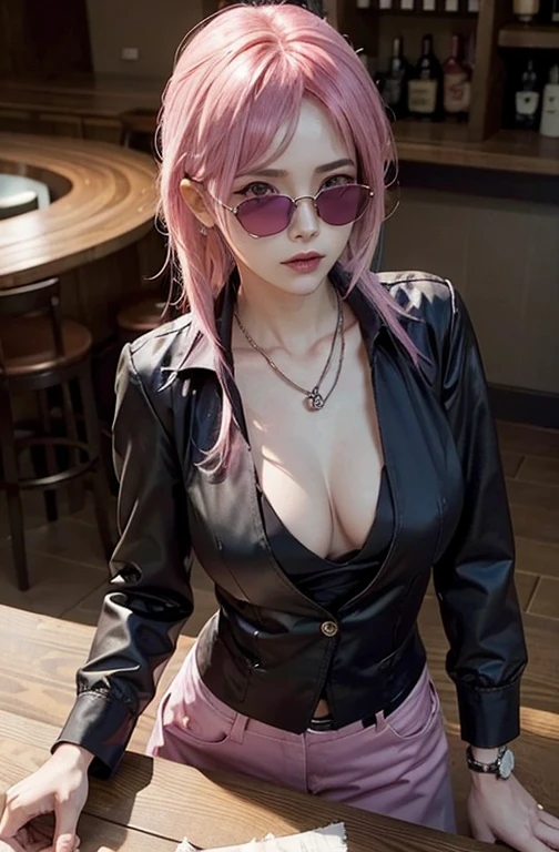 Cool women、sexy、Center of chest、Rize from Chainsaw Man、beauty、Yandere、、Face close-up、Chest tattoo、suit、necklace、(look up)、(Pink Hair)、).((Save face image))、((bar counter).(sunglasses)、