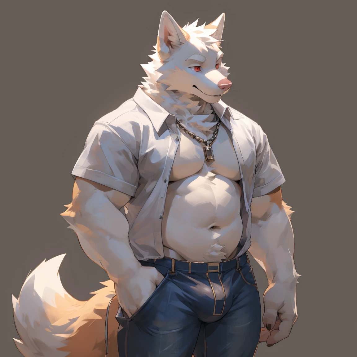 Solo, male, albino fox, in one color tone, with long ears, half shirt, navel showing, in jeans, flaccid penis through jeans zipper, chest, big chest view, ((focus body, furry focus, shades focus, body shades)) (((gray background, gray wallpaper, one color))), by darkgem, by mystikfox61, by glitter trap boy, albino, all white fur, red eyes, pink nose, navel, bulge, full body view, fox tail, no abs, flat belly