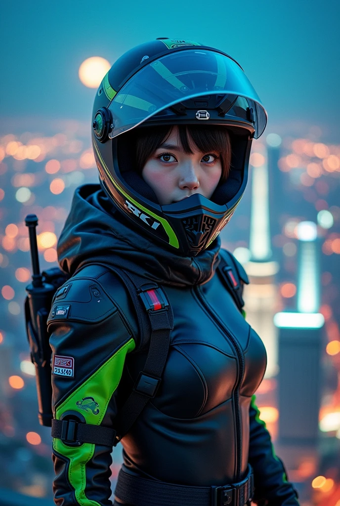 very beautiful Japanese high school girl, about to Ride on a off-road motorcycle, at the heliport of the top of the tallest building at night, amazing view of skyscrapers, dangerous place, dramatic scene, masterpiece, (face focus:1.3), clear helmet visor, beautiful eyes, Kawasaki bike, Shoei helmet, (wearing a cyber punk off-road rider's outfits), dynamic angle,