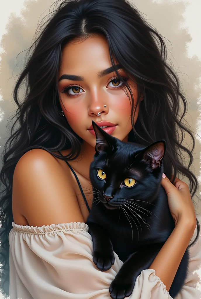 Woman with long wavy hair with bangs and dark eyes hugging a black cat, watercolor style, with Latin American features, with light skin, eyebrow and nose piercing and the portrait is not very lively.