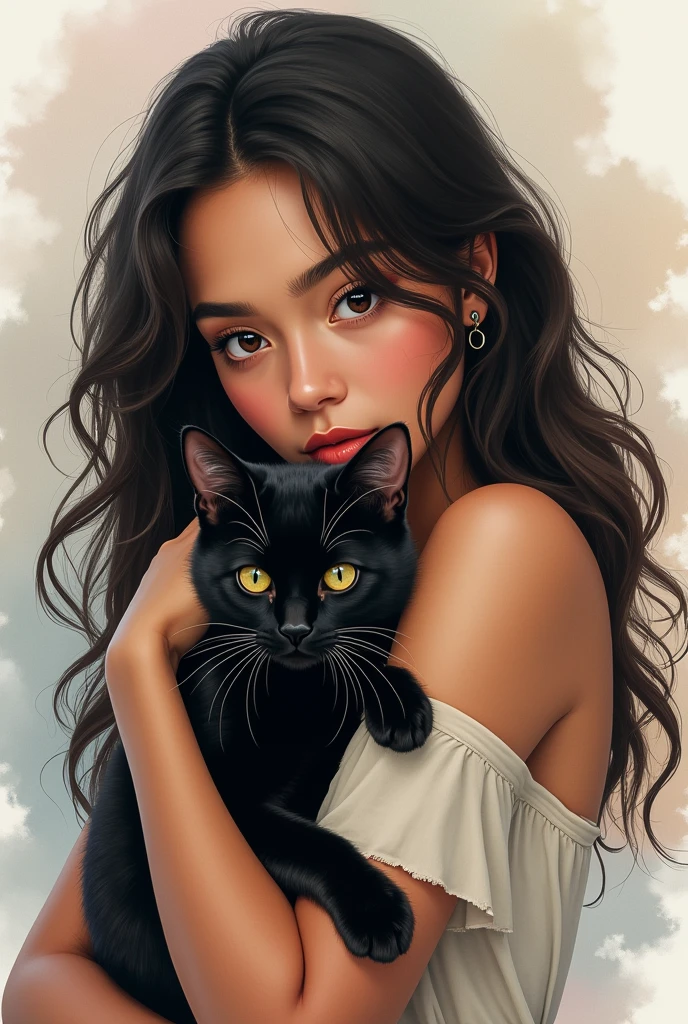 Woman with long wavy hair with bangs and dark eyes hugging a black cat, watercolor style, with Latin American features, with light skin, eyebrow and nose piercing and the portrait is not very lively.
