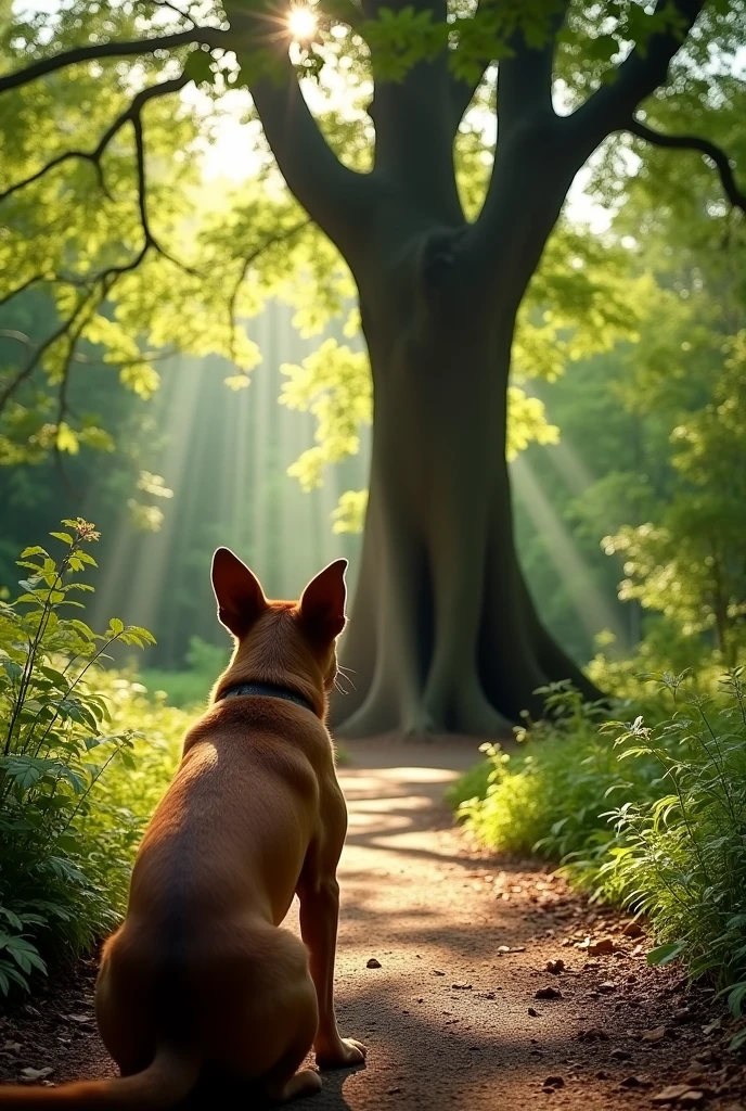 A photograph taken from behind of a brown dog sitting at a fork in a trail deep within a dense forest. The dog is at the crossroads, looking intently at a large tree in front of it, appearing as if it is pondering which path to take. The trail splits into two directions around the tree, and the foliage is lush and green, with sunlight filtering through the leaves, creating dappled shadows on the ground. The dog’s ears are perked up, conveying curiosity and contemplation.